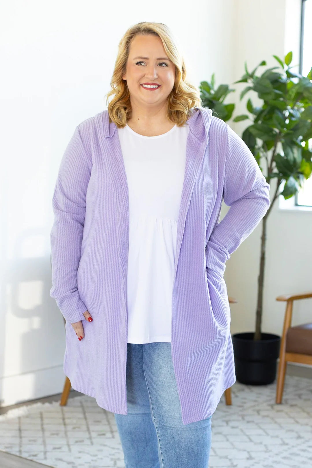 Claire Hooded Waffle Cardigan - Purple