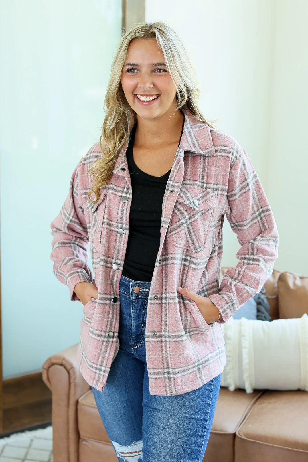 Norah Plaid Shacket - Pink and Grey