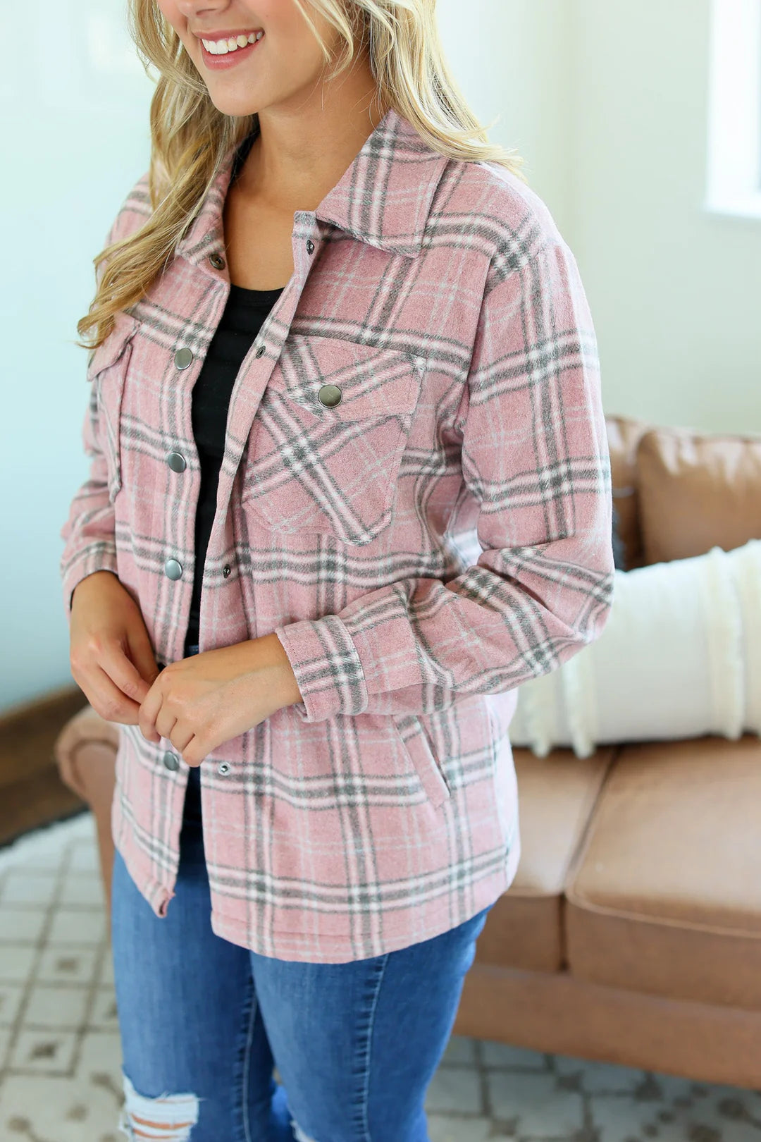 Norah Plaid Shacket - Pink and Grey