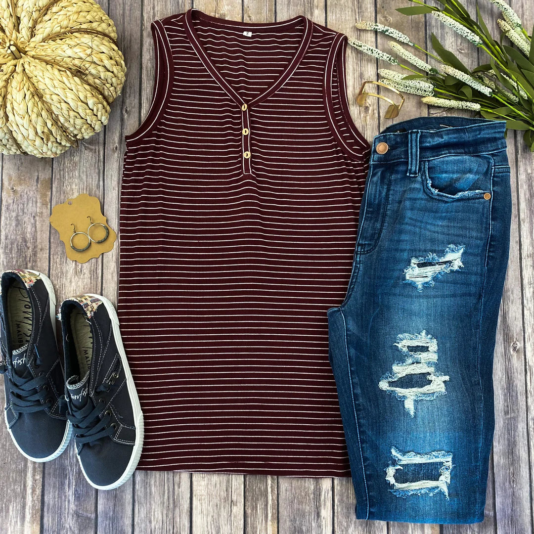 Addison Henley Tank - Burgundy w/ White Stripes