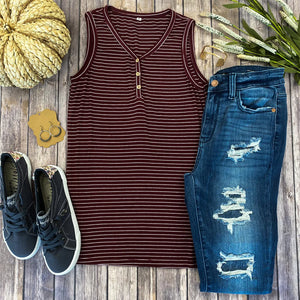 Addison Henley Tank - Burgundy w/ White Stripes