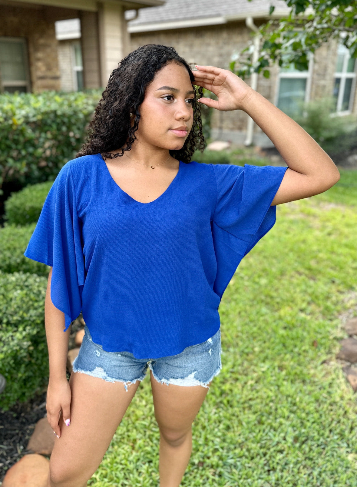 Stephanie Flutter Sleeve Top in Blue