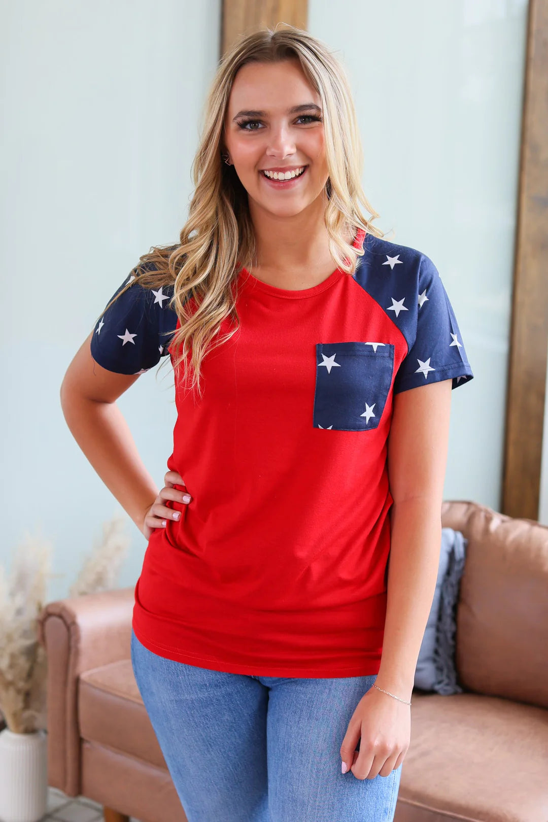 Raglan Pocket Tee - Navy Stars and Red