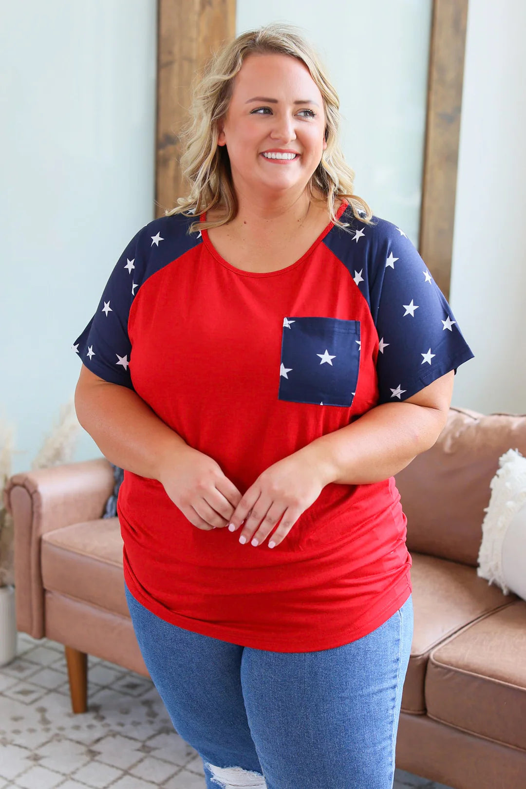 Raglan Pocket Tee - Navy Stars and Red