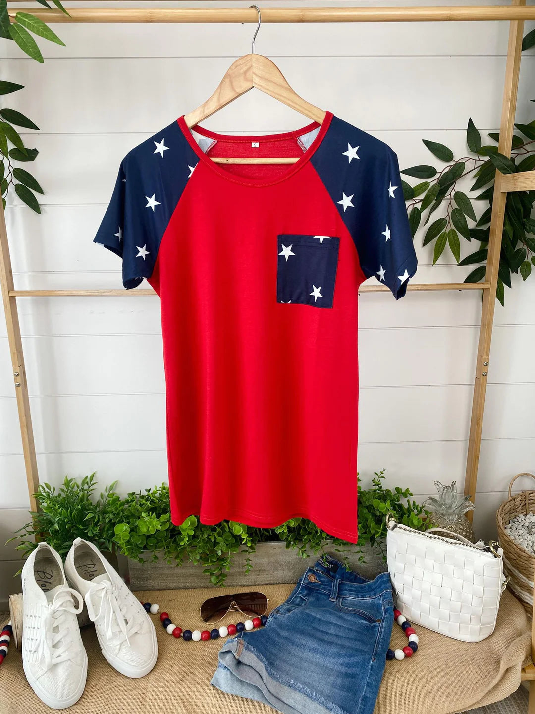 Raglan Pocket Tee - Navy Stars and Red