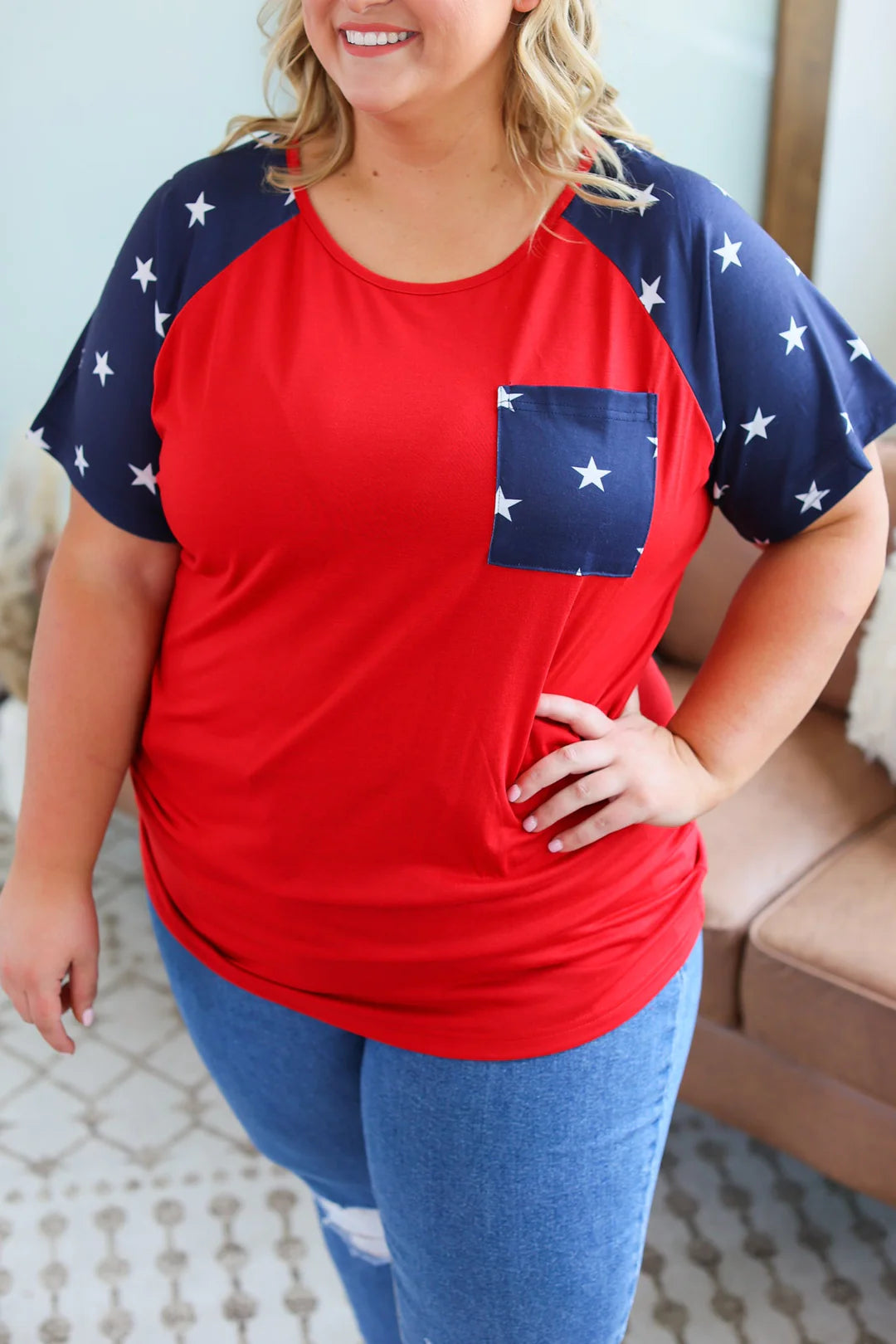 Raglan Pocket Tee - Navy Stars and Red