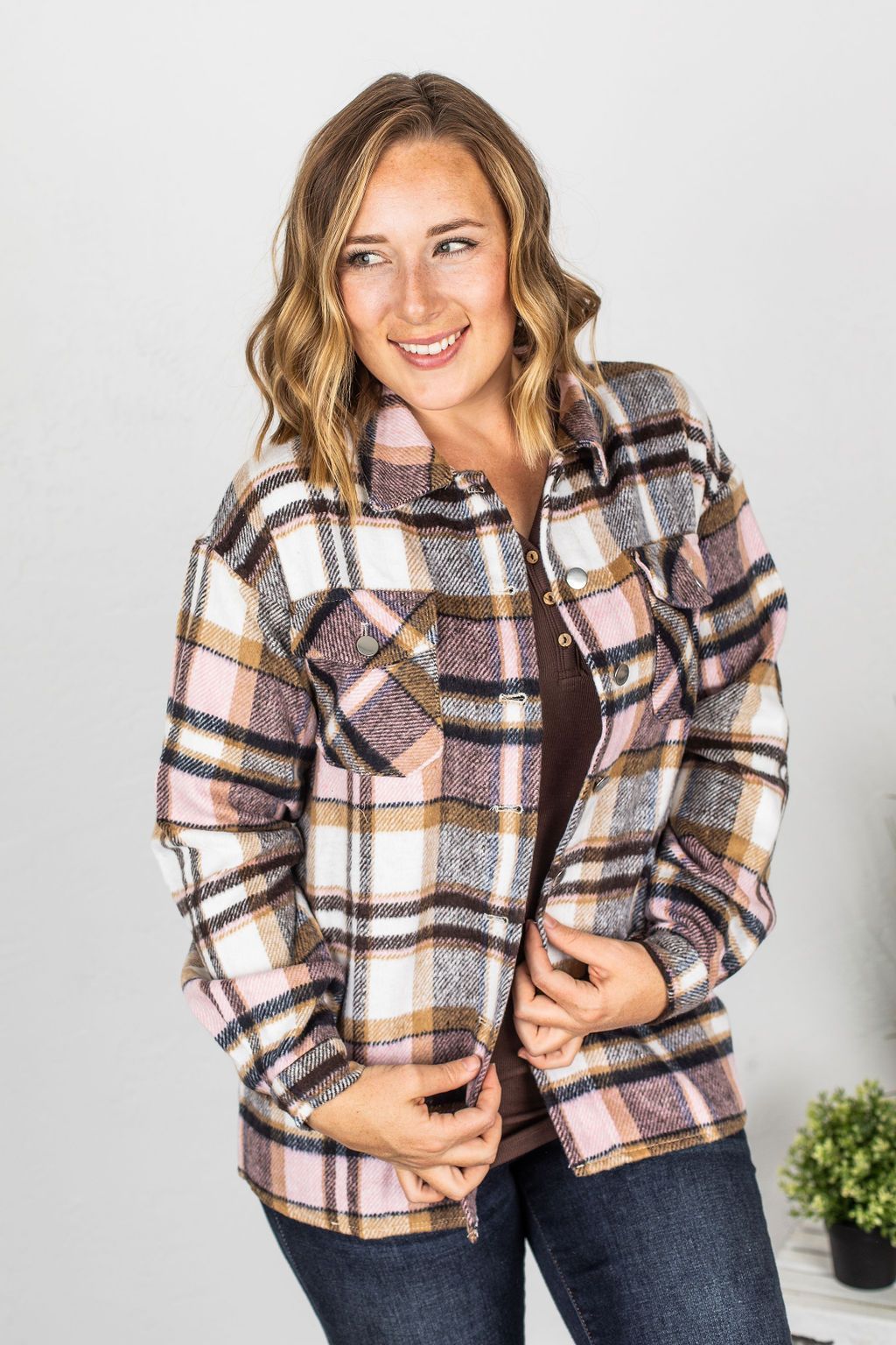 Molly Plaid Shacket - Pink and Brown