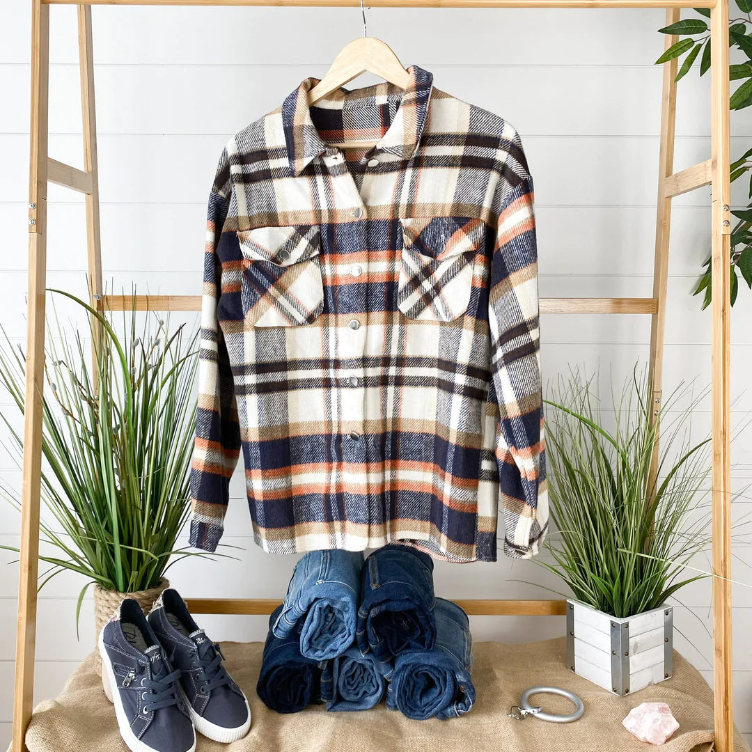 Molly Plaid Shacket - Navy, Brown, and Orange