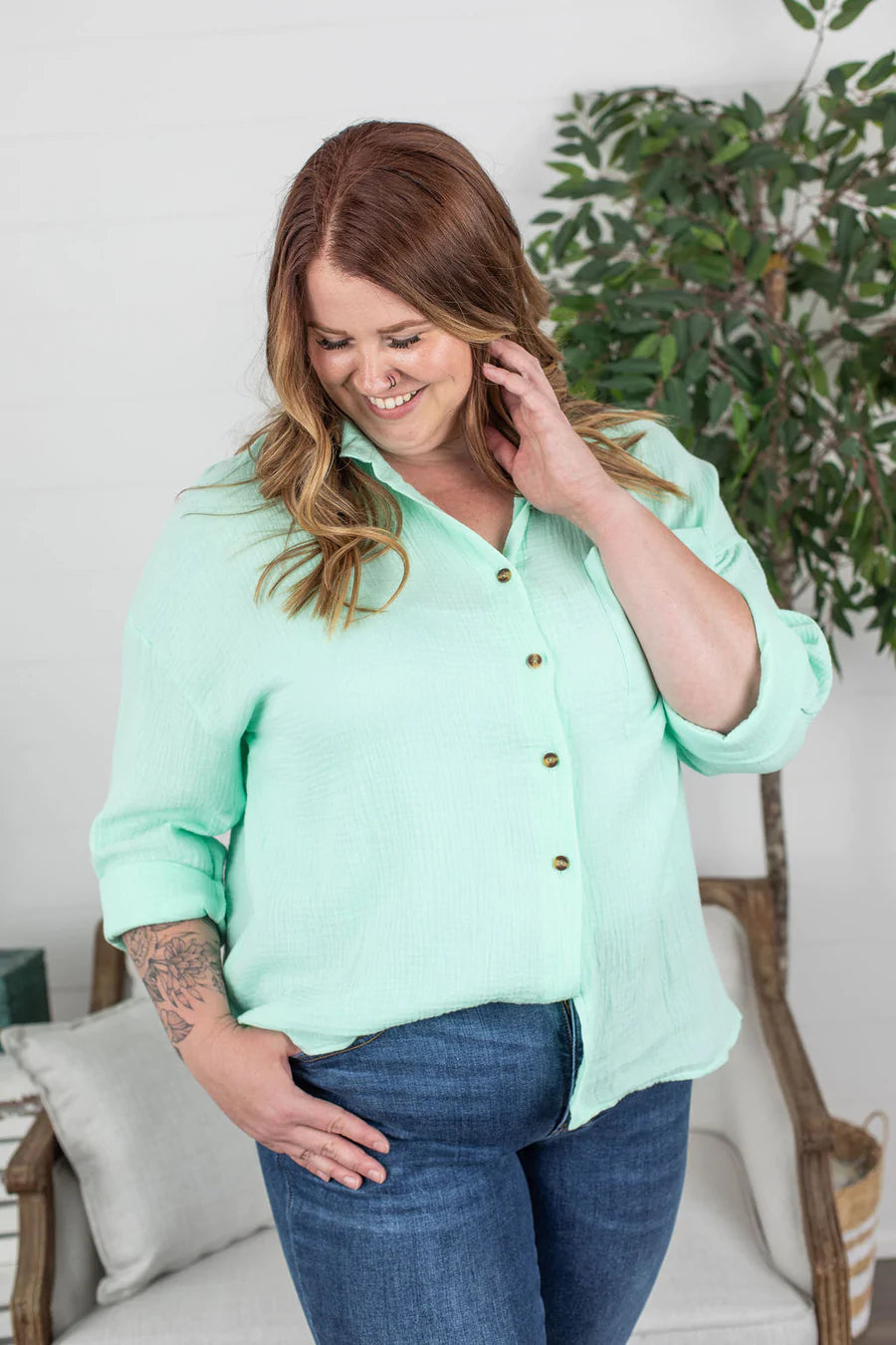 Marley Button Top in Mint