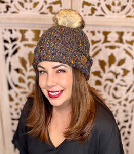 Confetti Ribbed Pom Beanie - Brown