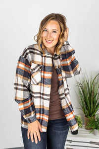 Molly Plaid Shacket - Navy, Brown, and Orange