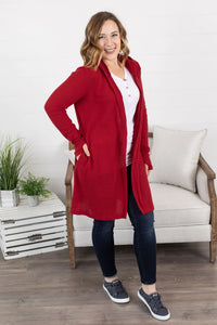 Claire Hooded Waffle Cardigan in Red