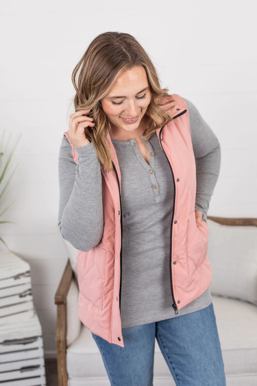 Remy Zip Up Vest - Heathered Pink