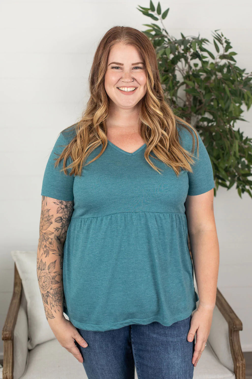 Sarah Ruffle Top in Heathered Teal