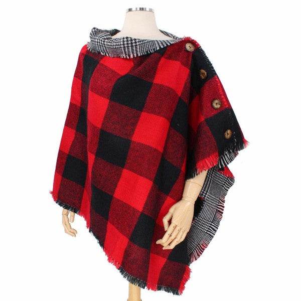 Reversible Buffalo Plaid Poncho - Red