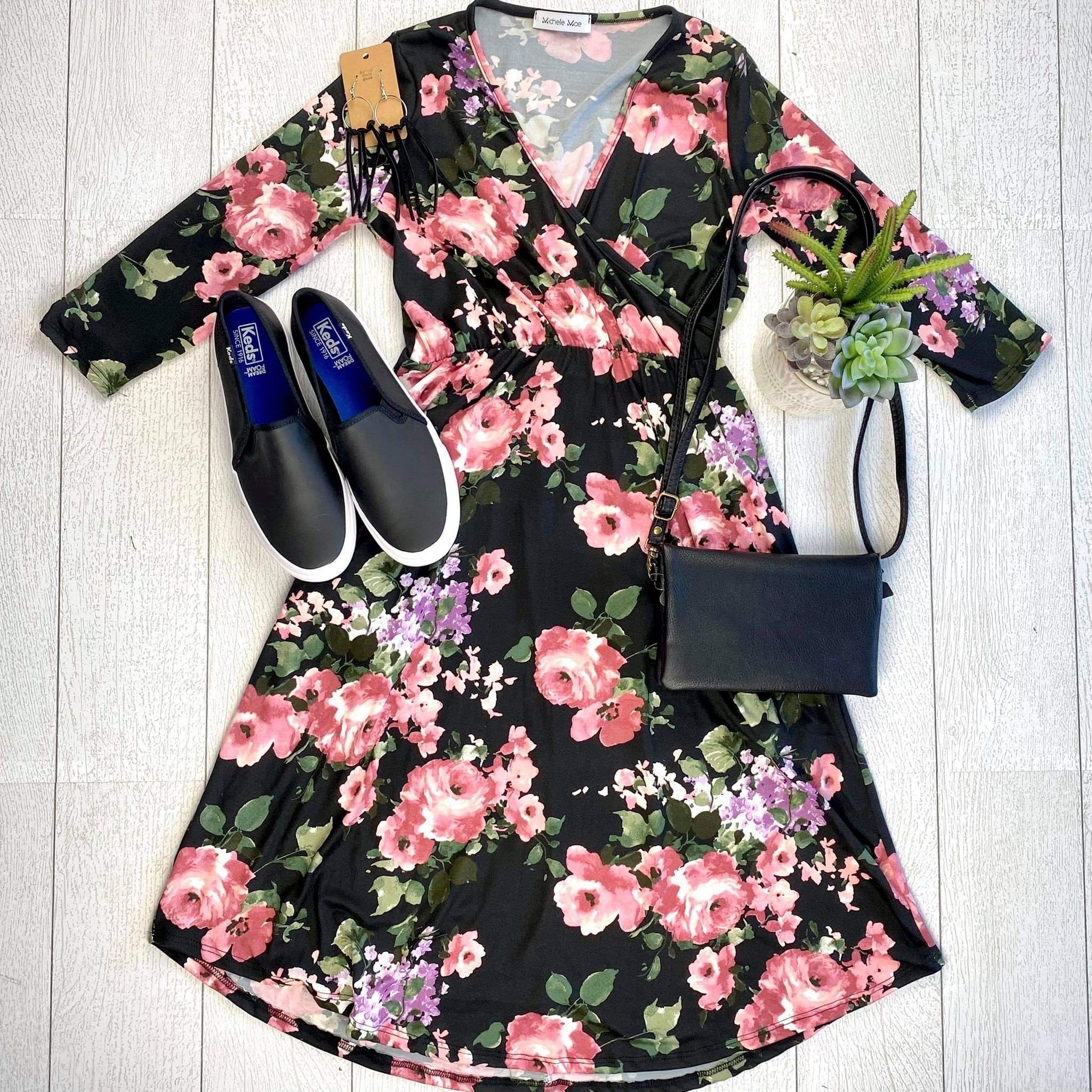 Taylor Dress - Black and Blush Floral