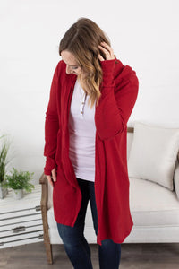 Claire Hooded Waffle Cardigan in Red