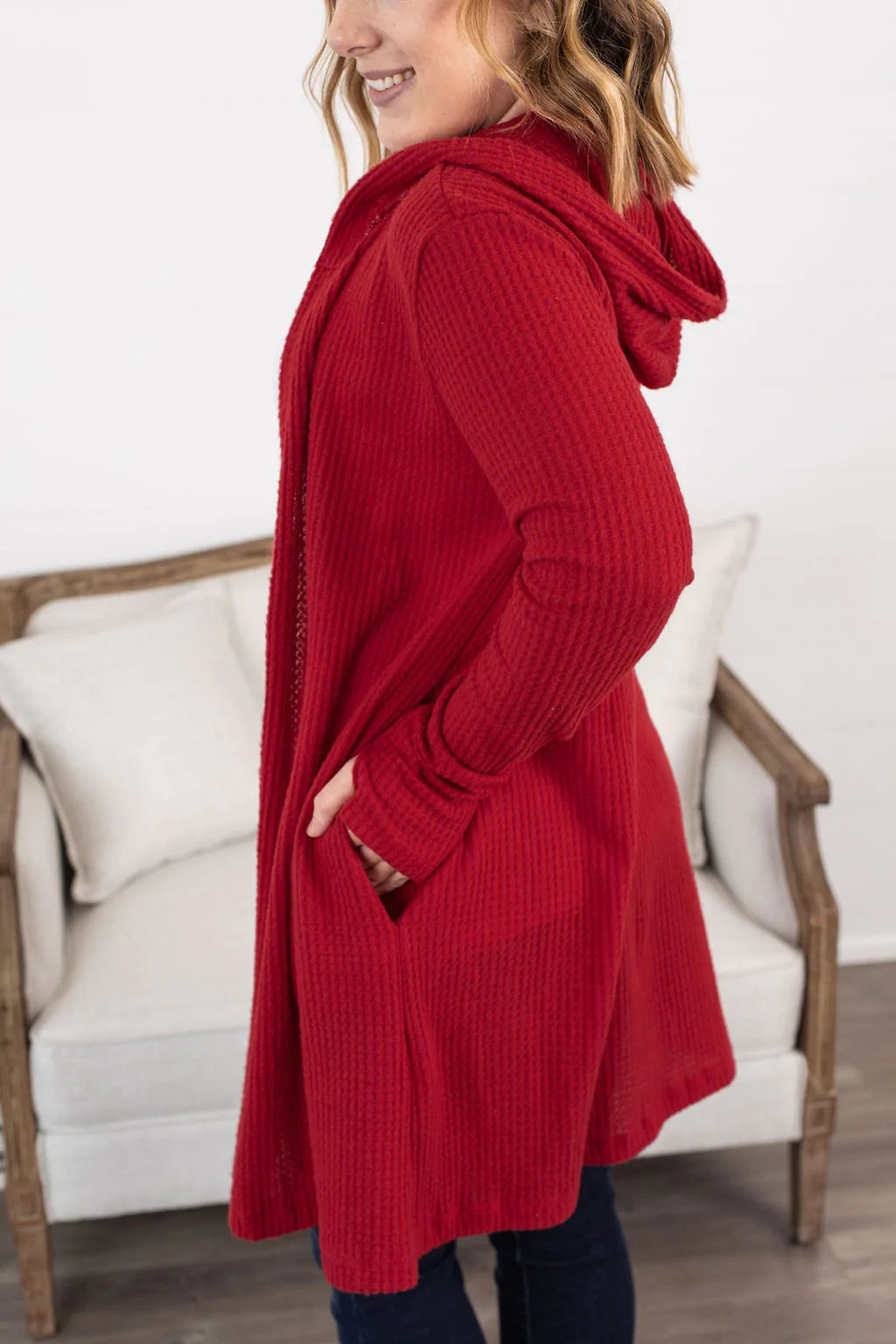 Claire Hooded Waffle Cardigan in Red