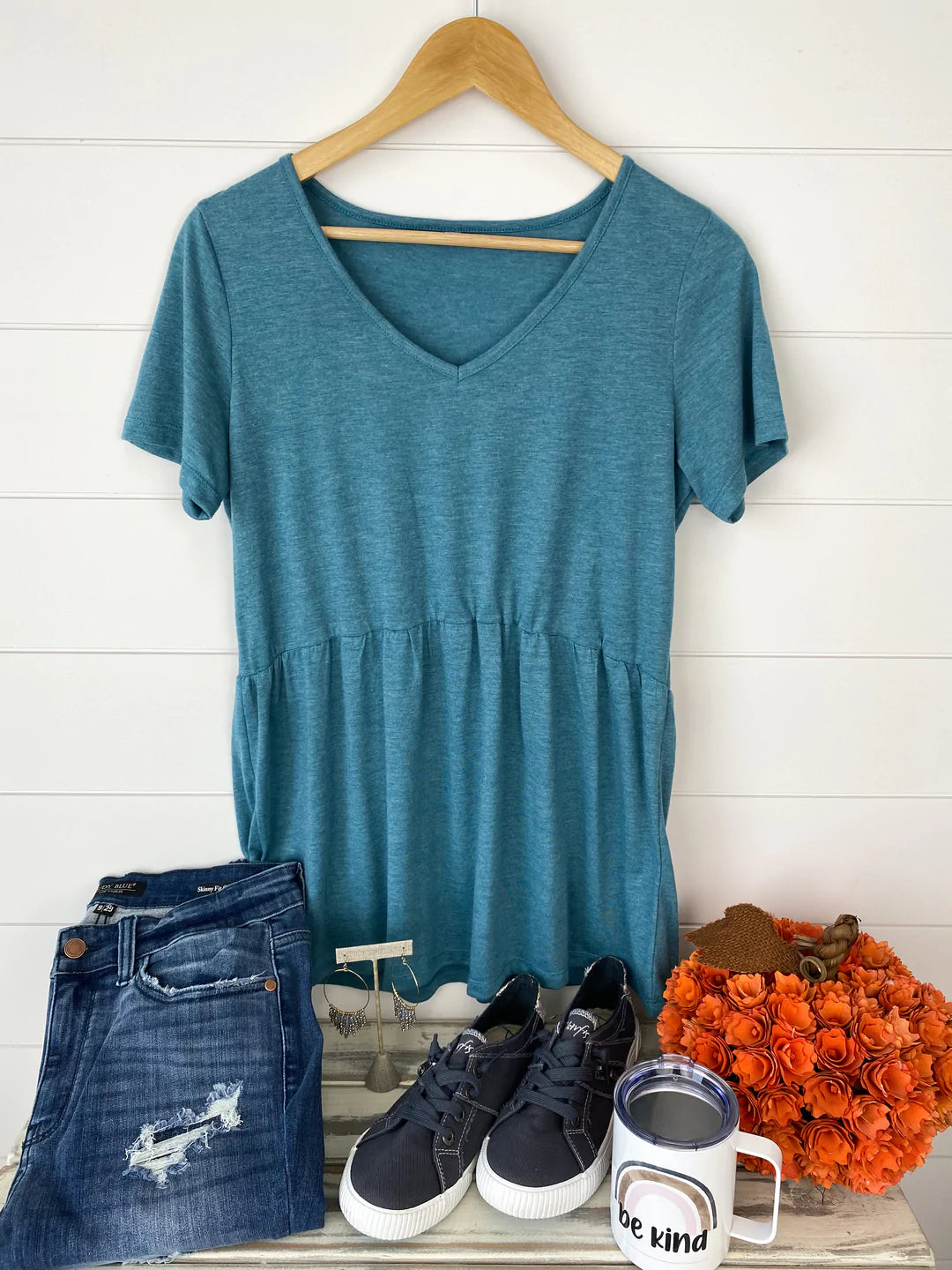 Sarah Ruffle Top in Heathered Teal