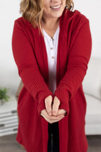 Claire Hooded Waffle Cardigan in Red