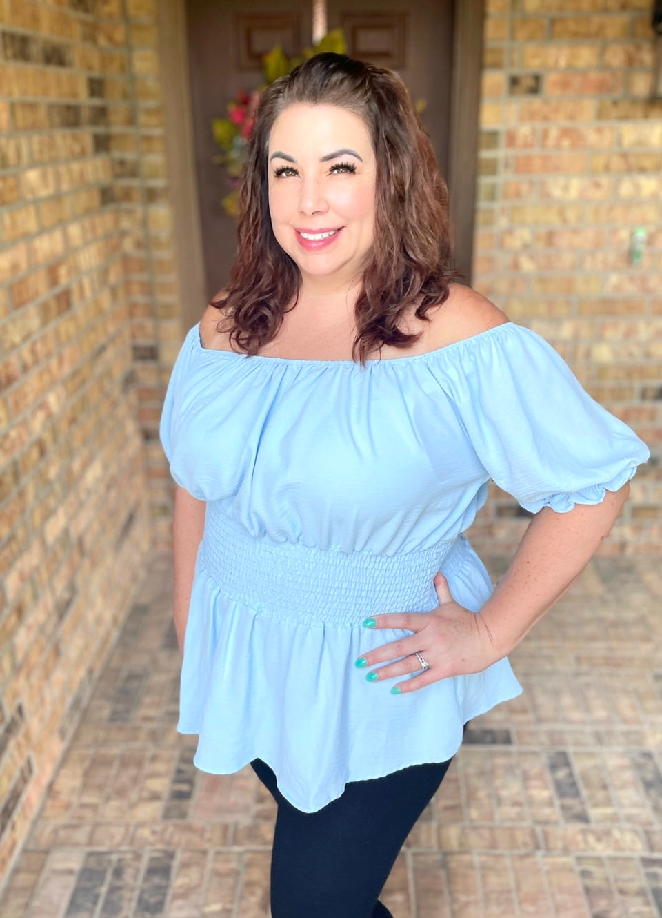 Brittney Off The Shoulder Top in Light Blue