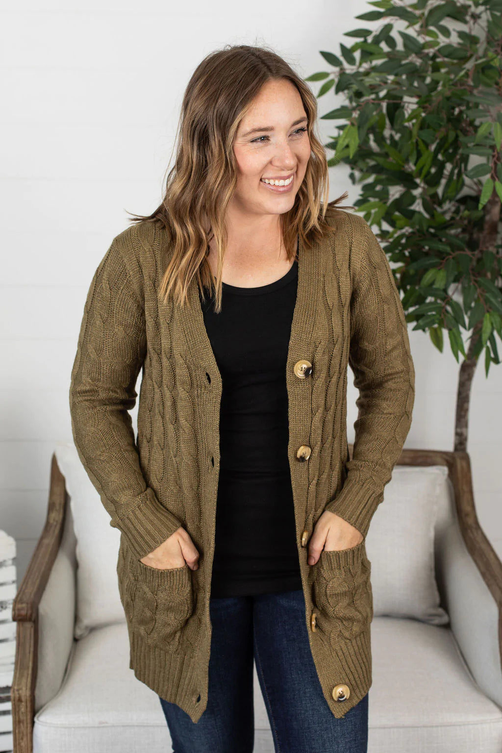 Bethany Button Cardigan in Olive