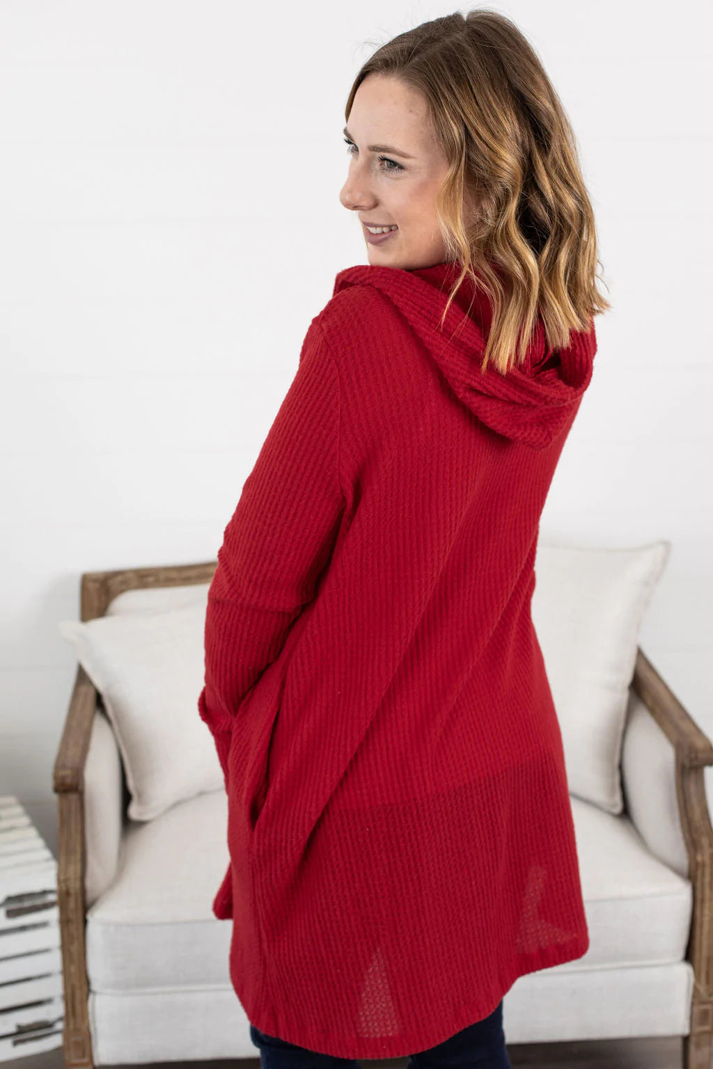 Claire Hooded Waffle Cardigan in Red