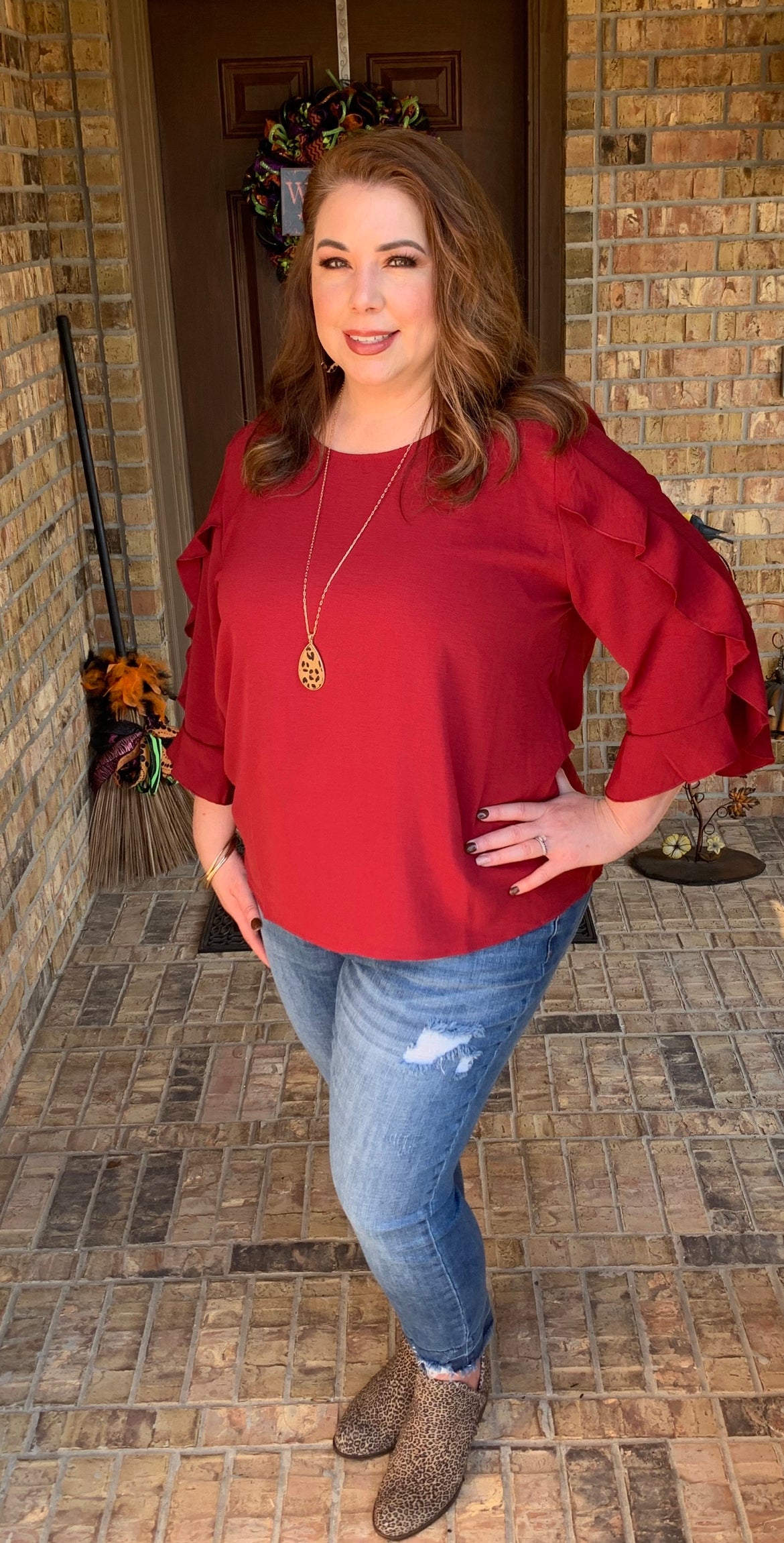 Cranberry Ruffle Sleeve Top