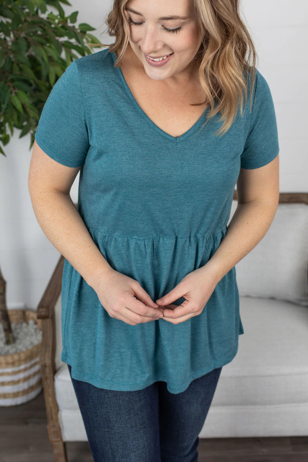 Sarah Ruffle Top in Heathered Teal