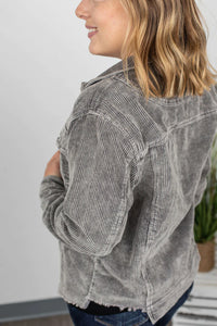 Destroyed Hem Corduroy Jacket - Grey