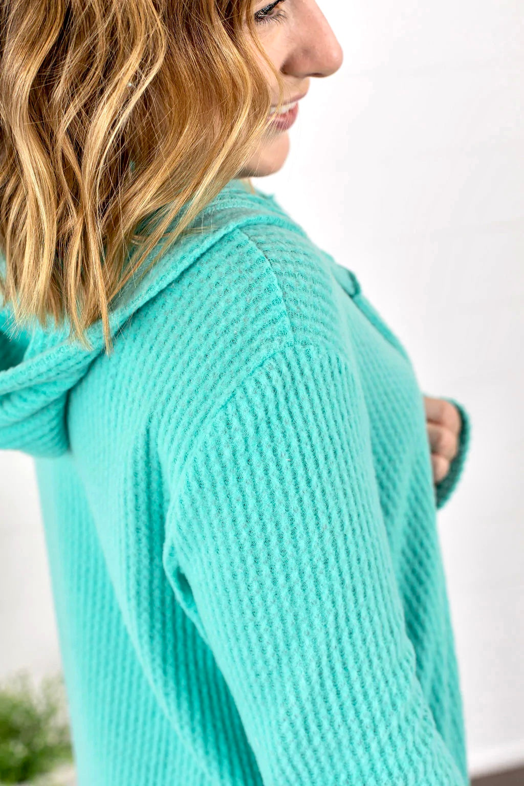 Claire Hooded Waffle Cardigan - Aqua Mint