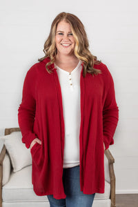 Claire Hooded Waffle Cardigan in Red