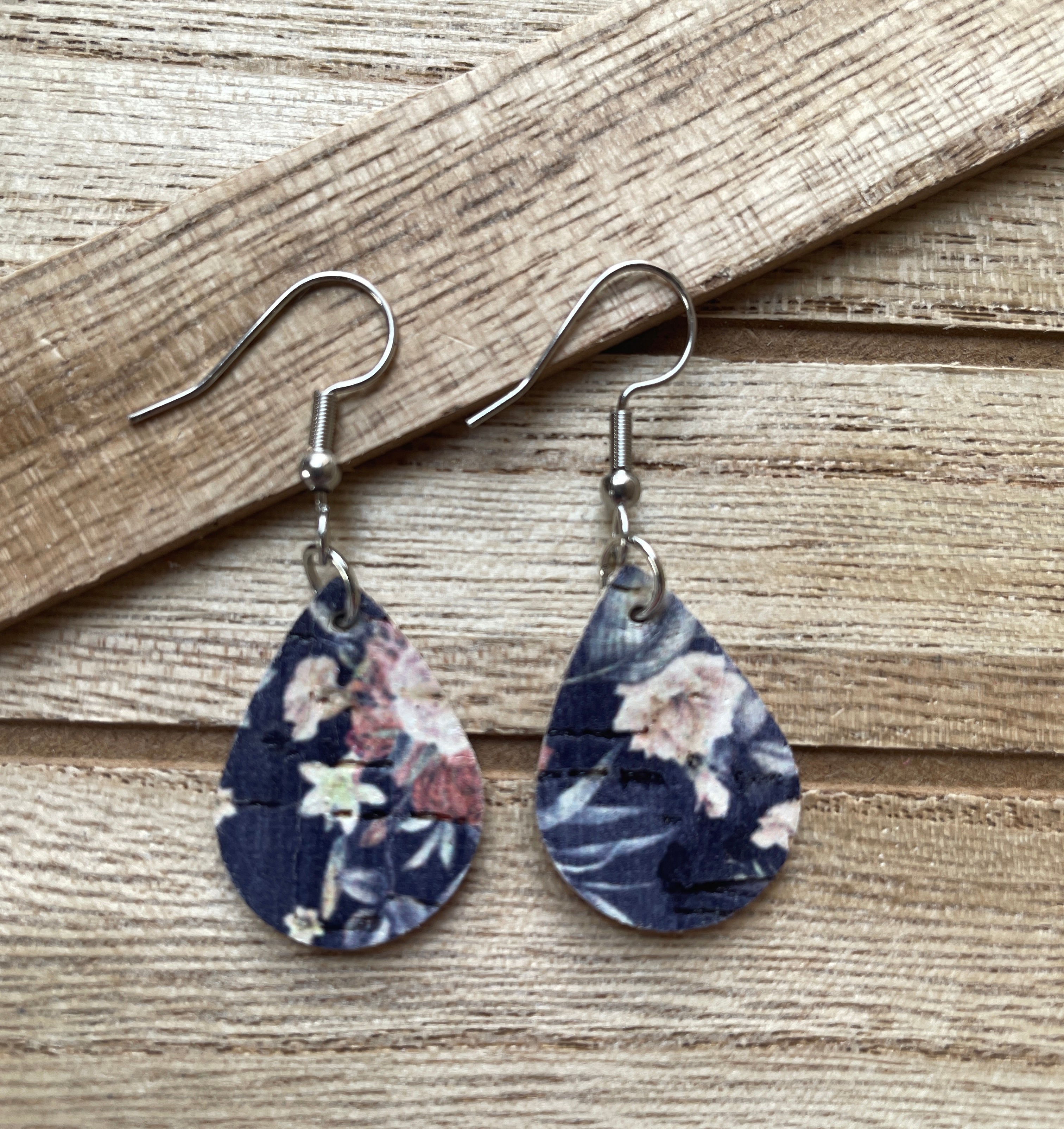 Navy Floral Leather Earrings