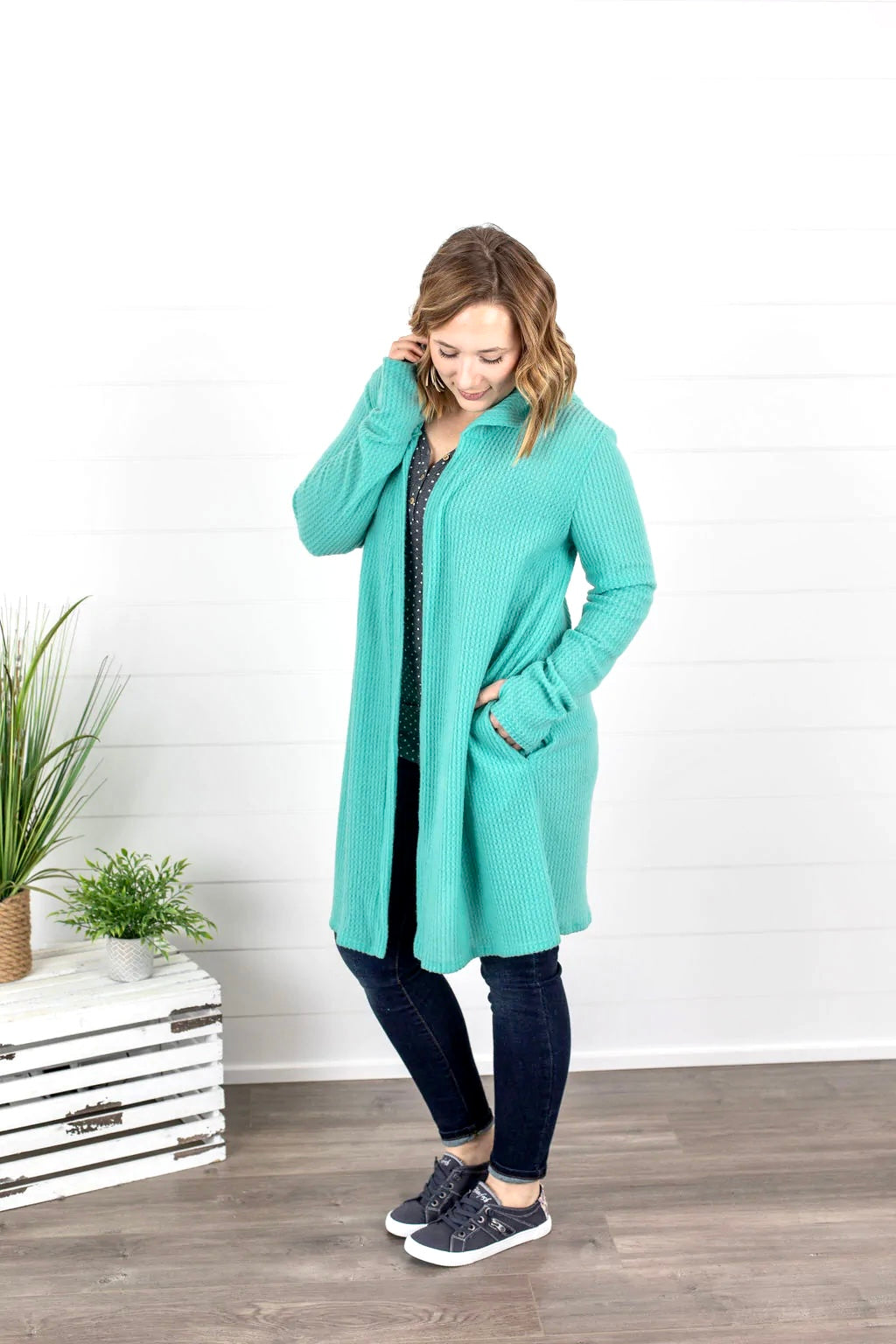 Claire Hooded Waffle Cardigan - Aqua Mint