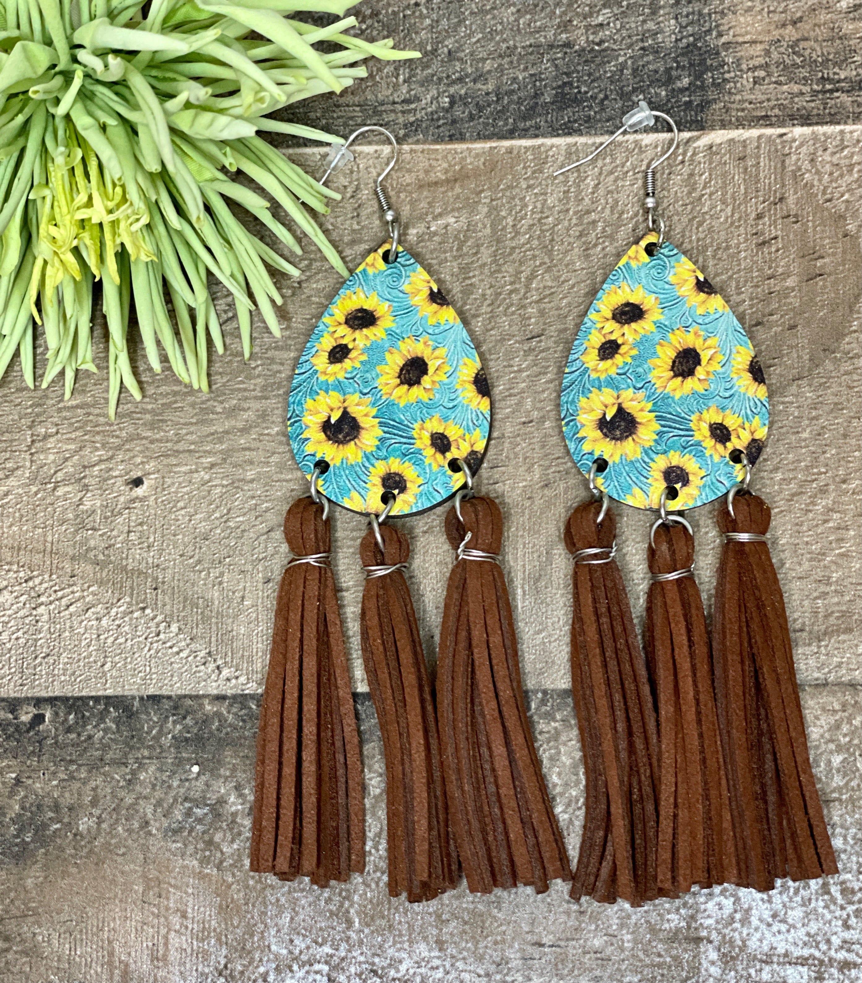 Sunflower Leather Tassel Earrings