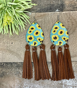 Sunflower Leather Tassel Earrings