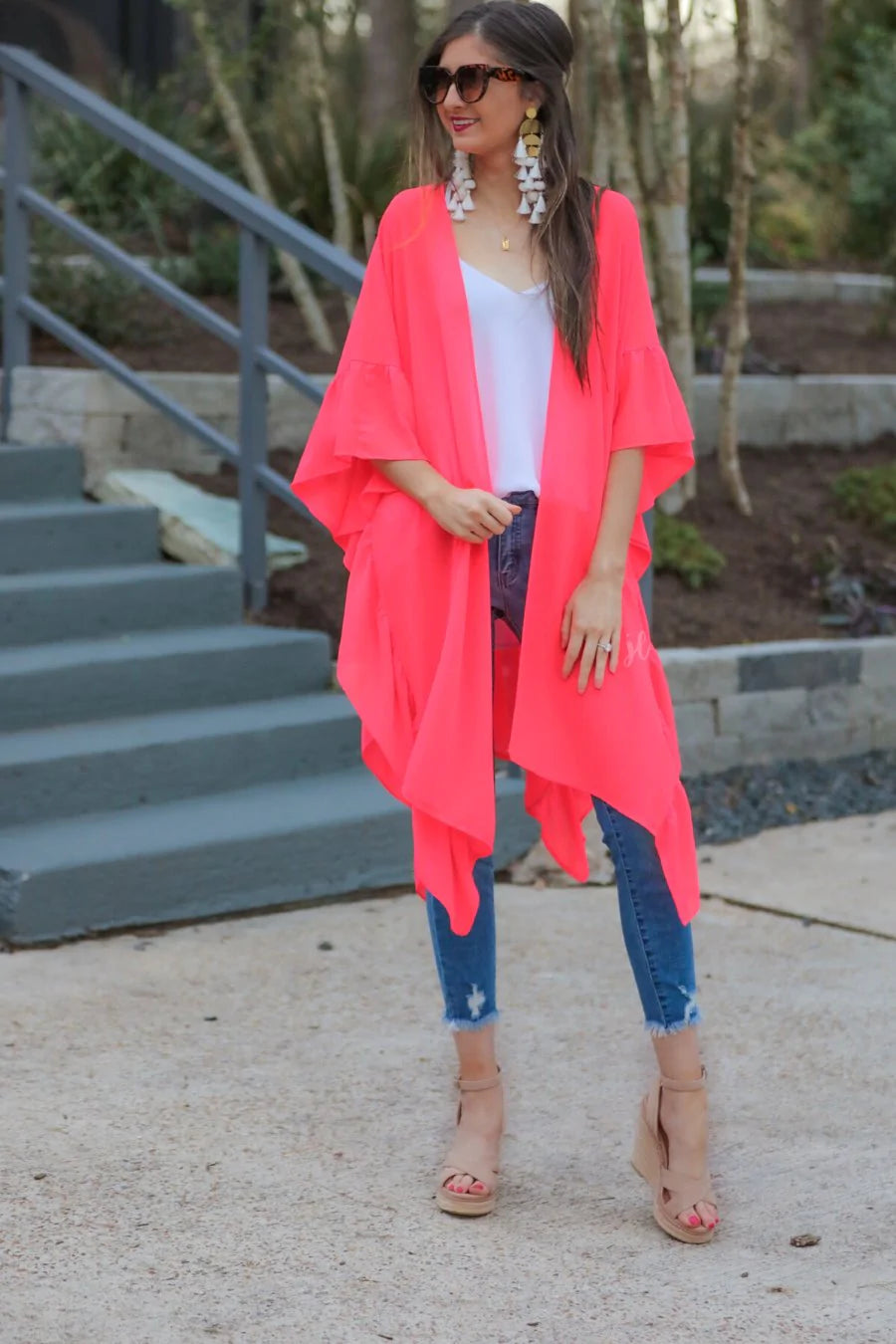 Delilah Ruffle Kimono - Neon Coral