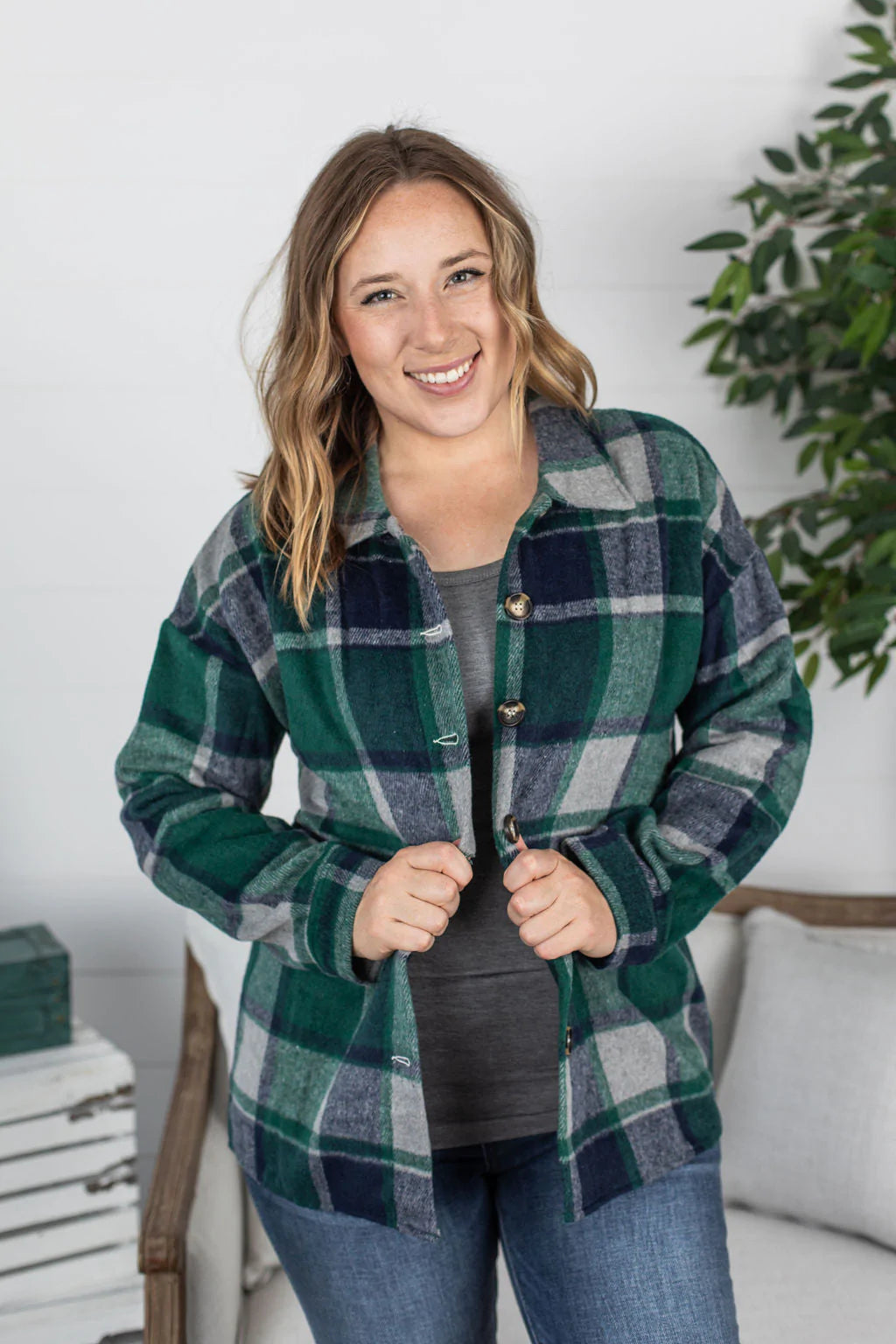 Lucy Plaid Shacket - Navy and Green Plaid