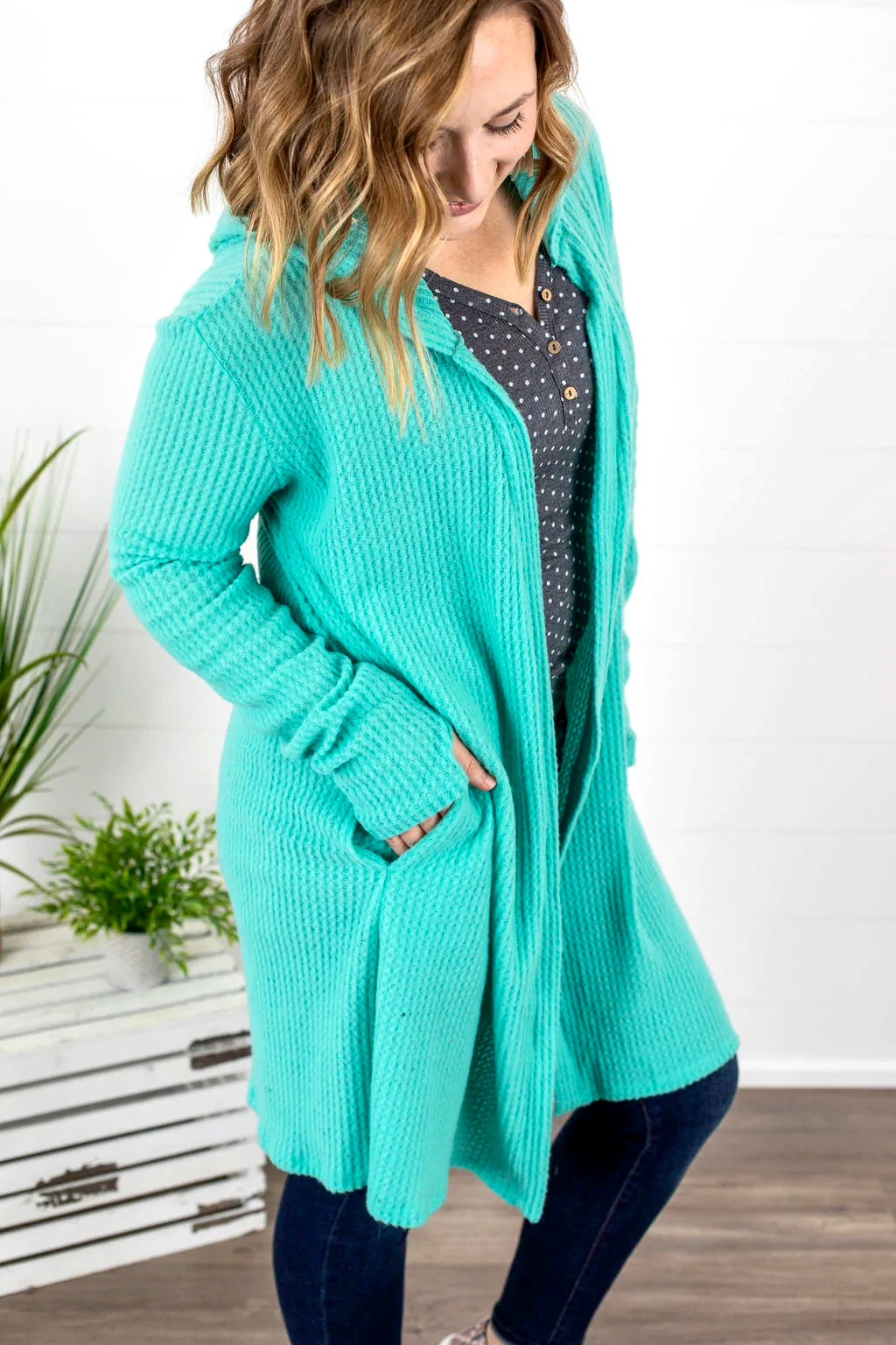 Claire Hooded Waffle Cardigan - Aqua Mint