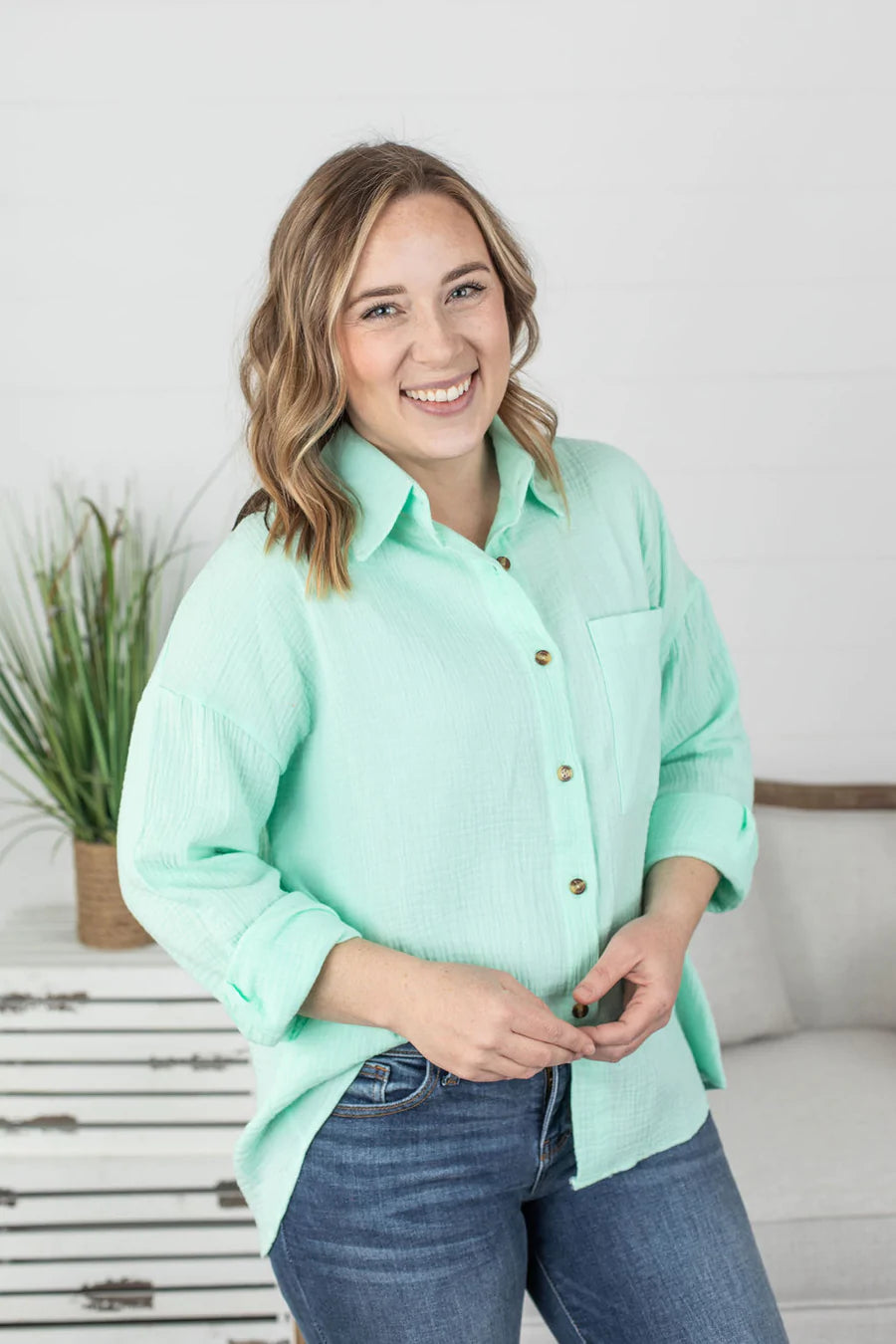 Marley Button Top in Mint