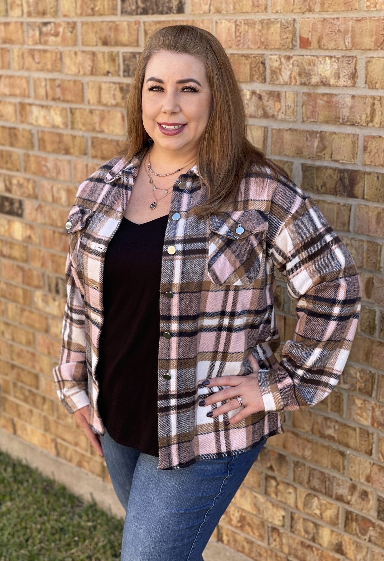 Molly Plaid Shacket - Pink and Brown