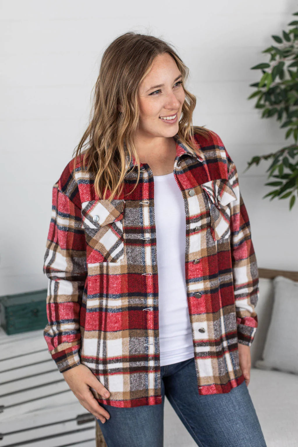 Molly Plaid Shacket - Red and Tan