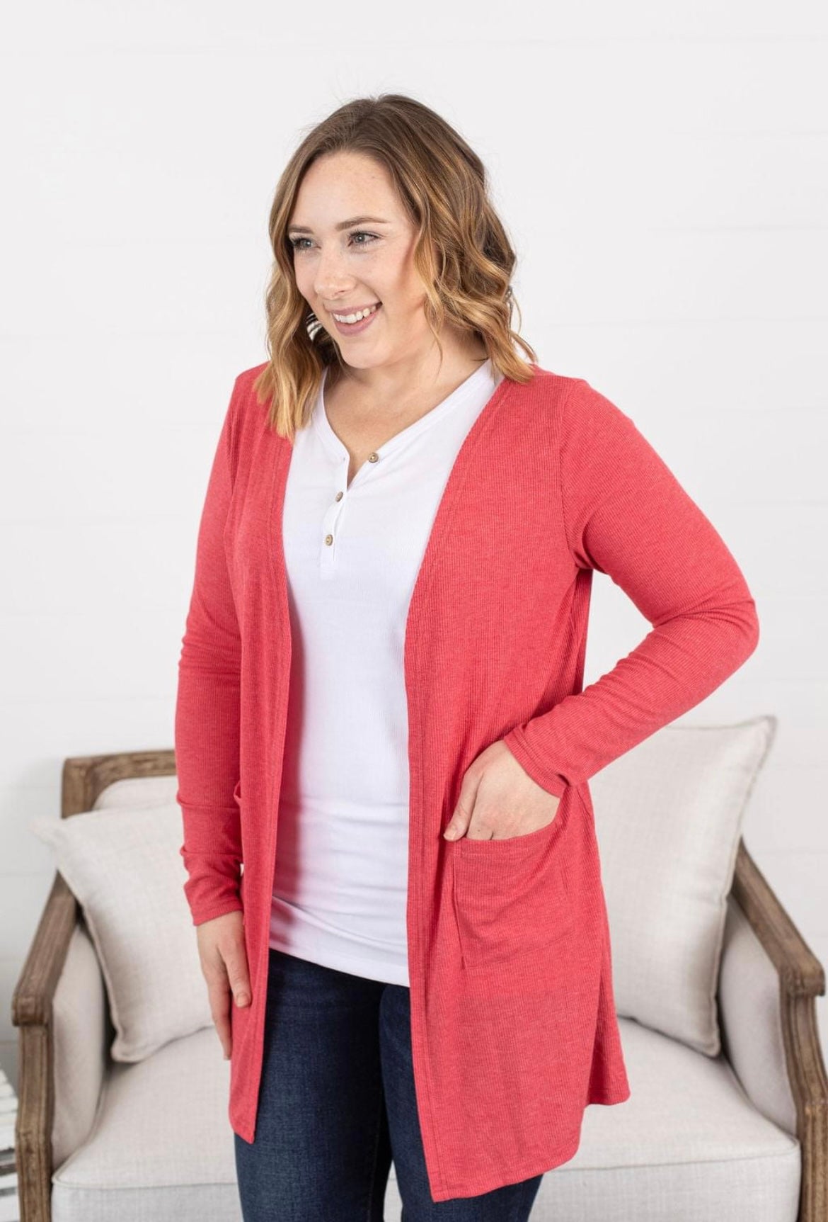 Rachel Ribbed Cardigan - Faded Red