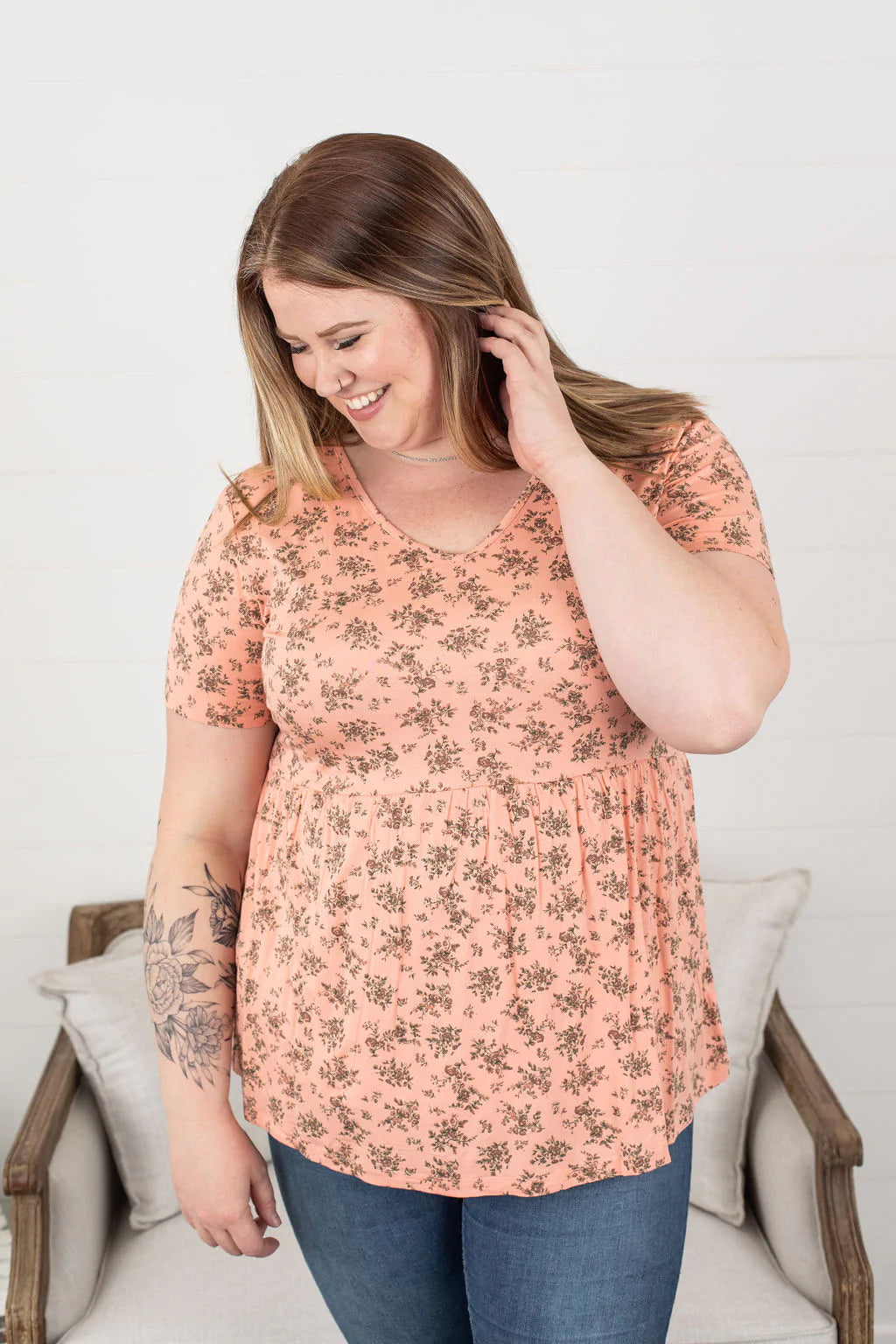 Sarah Ruffle Top - Peach Floral