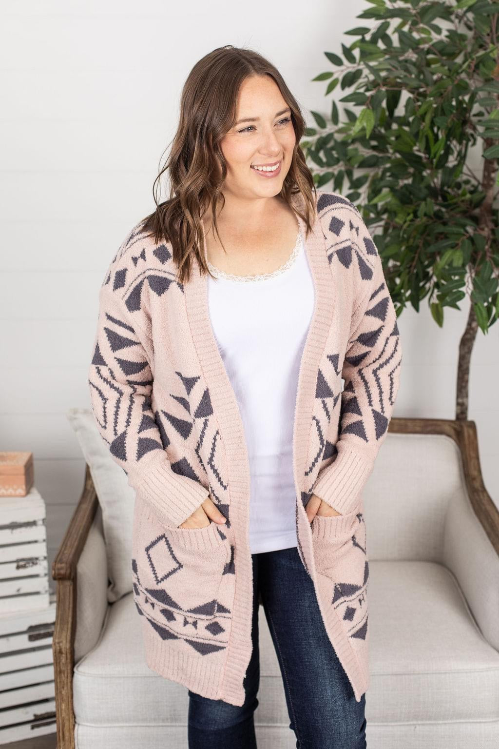 Cozy Aztec Cardigan - Blush and Charcoal