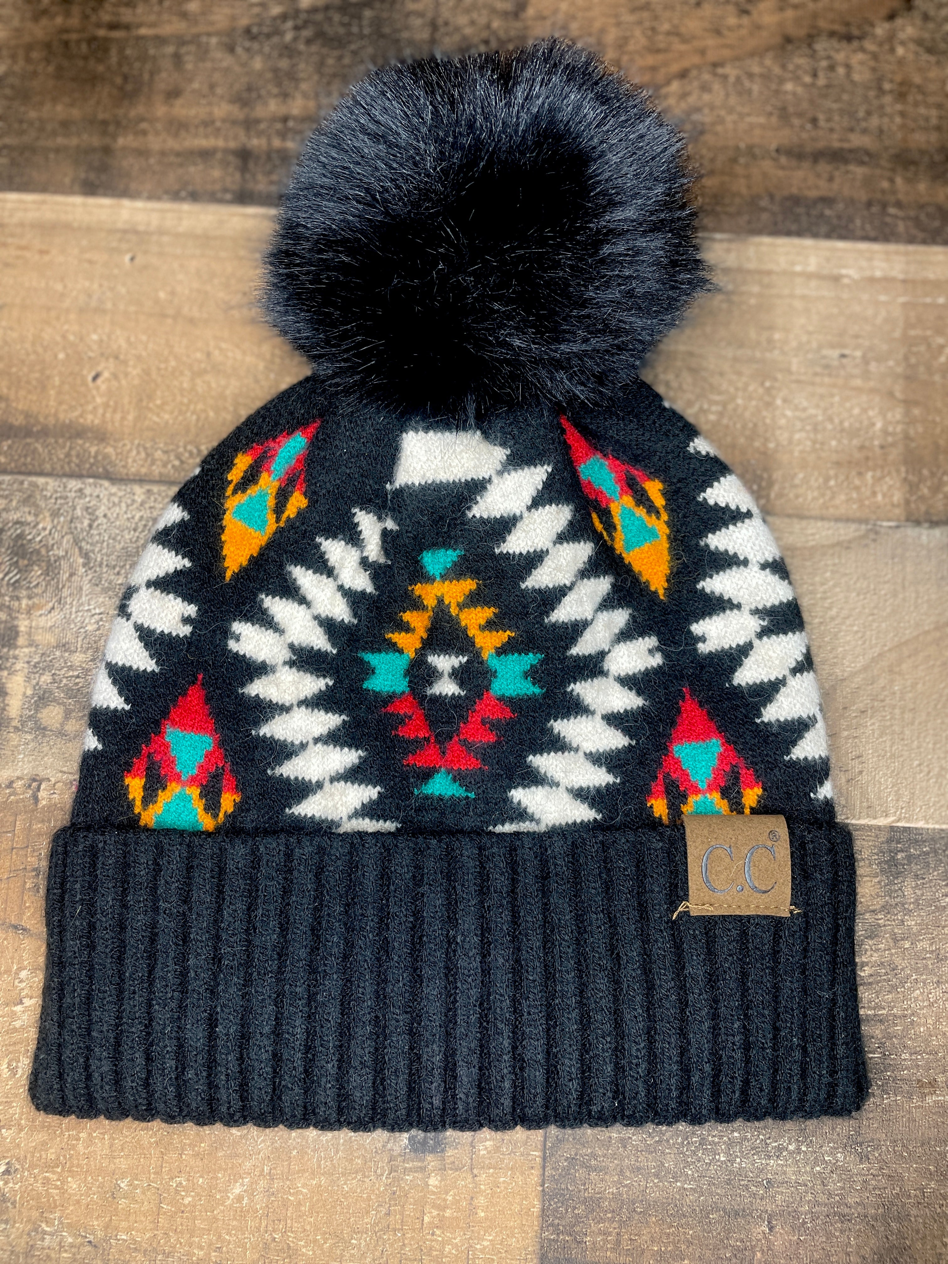 Aztec Beanie with Fur Pom in Black