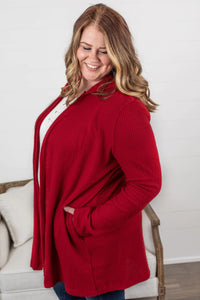 Claire Hooded Waffle Cardigan in Red