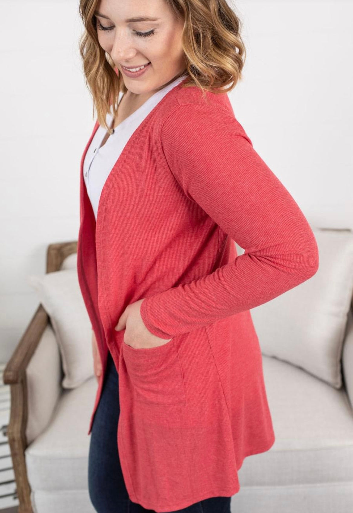 Rachel Ribbed Cardigan - Faded Red