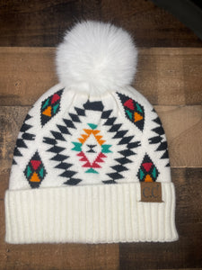 Aztec Beanie with Fur Pom in White