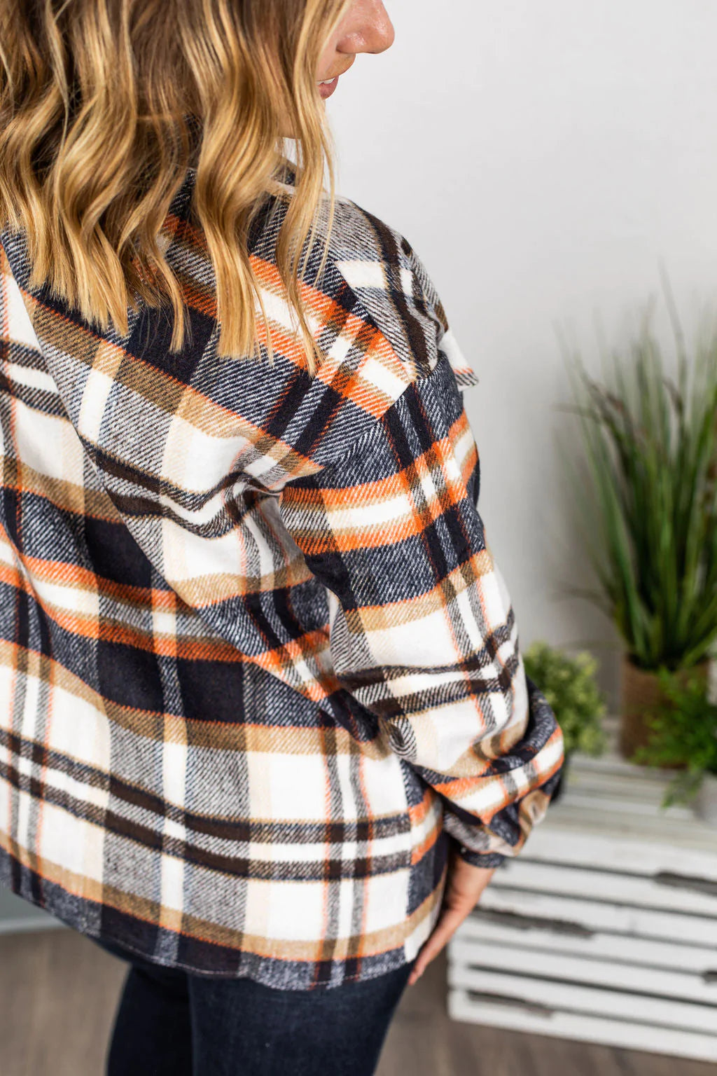 Molly Plaid Shacket - Navy, Brown, and Orange